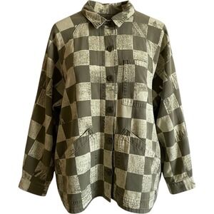 THE GREAT Commodore Utility Jacket Army Green Checker Cotton Shacket Sz 2 Medium